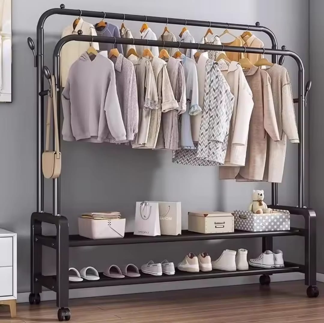 Double Pole Clothing Rack with Wheels and Shoe Rack | - Elegant Households KE