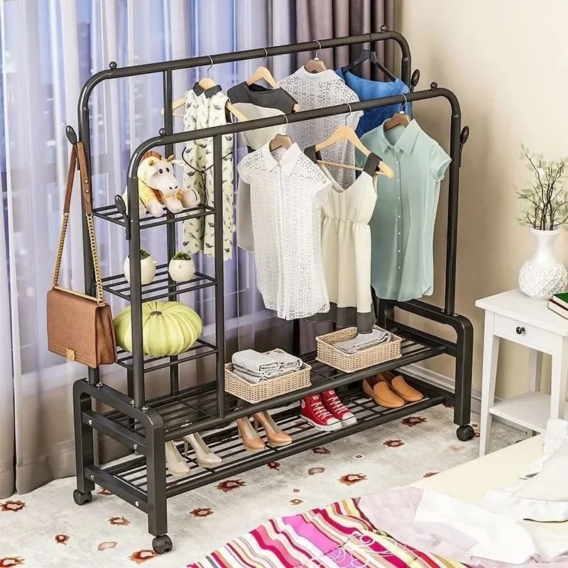 Double Pole Clothing Rack with Wheels and Shoe Rack | - Elegant Households KE