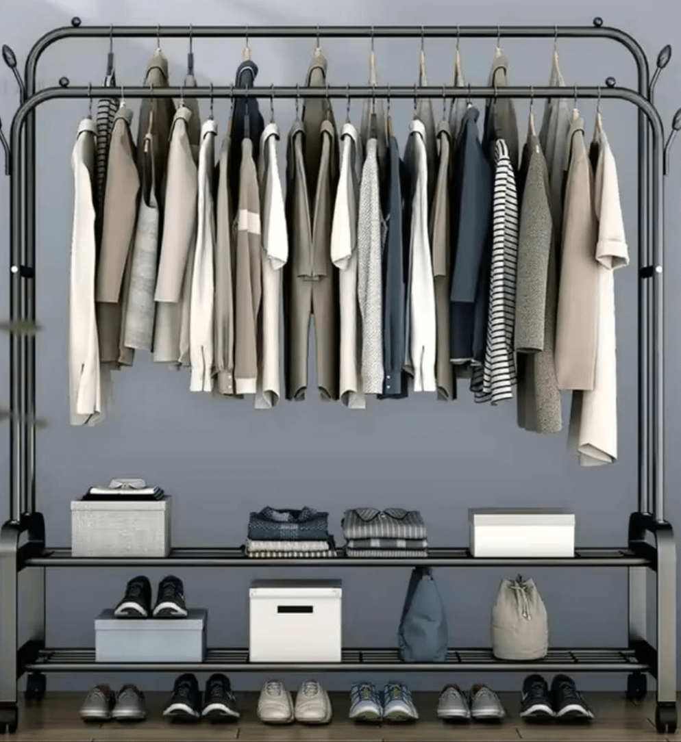 Double Pole Clothing Rack with Wheels and Shoe Rack | - Elegant Households KE