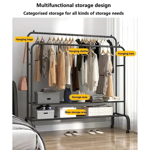 Double pole Sturdy Clothes Rack with wheels | - Elegant Households KE