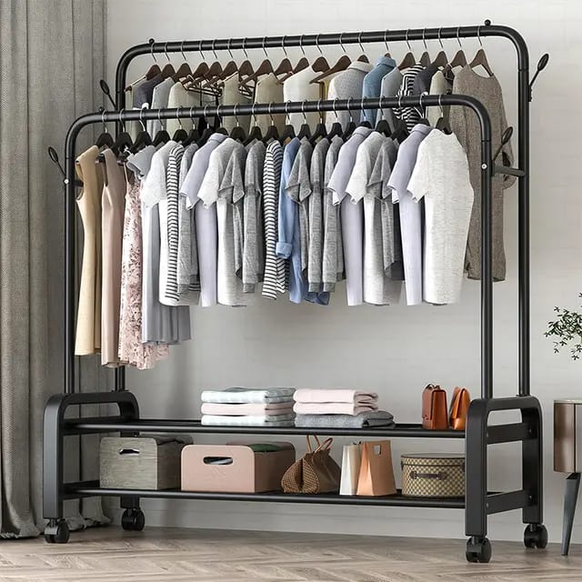 Double pole Sturdy Clothes Rack with wheels | - Elegant Households KE