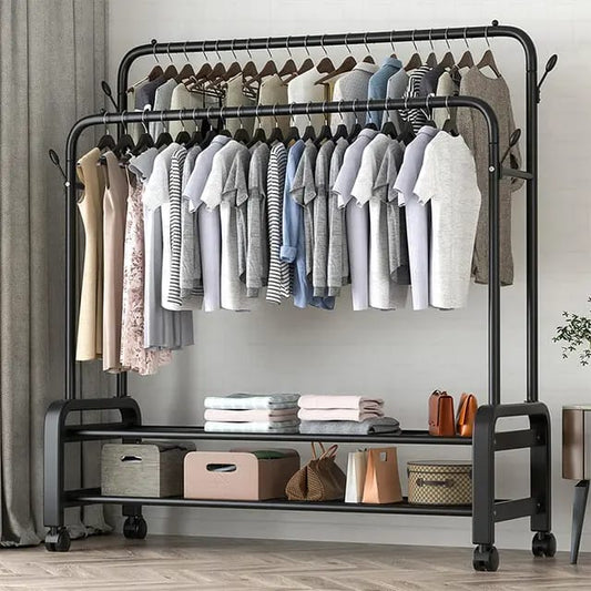 Double pole Sturdy Clothes Rack with wheels | - Elegant Households KE