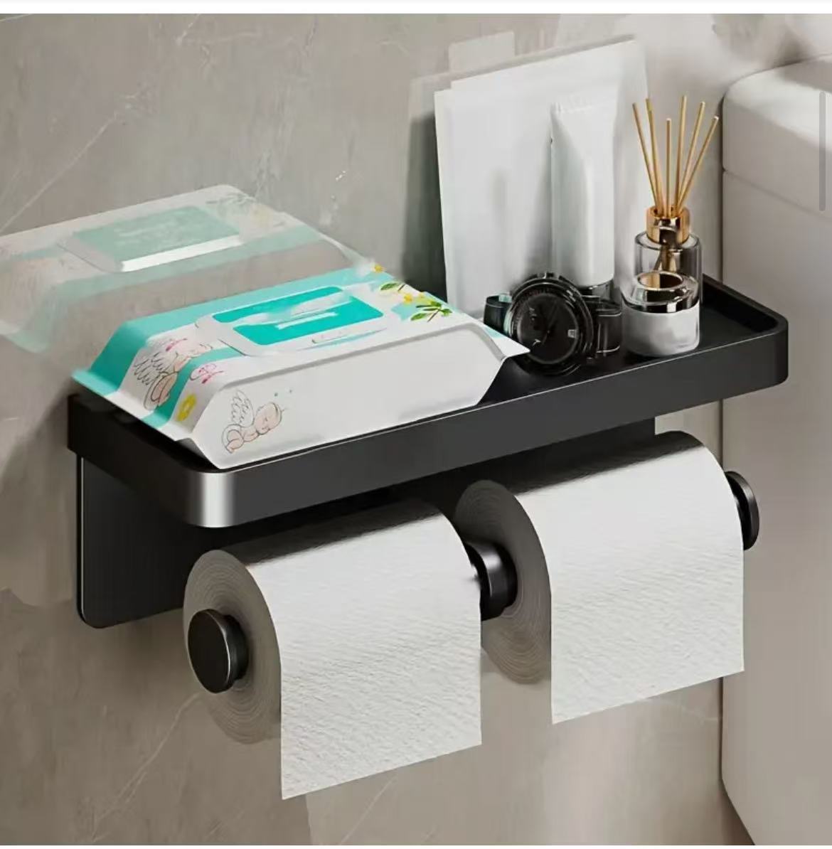 Double Roll Wall - Mounted Paper Holder | No - Drill with Shelf | - Elegant Households KE
