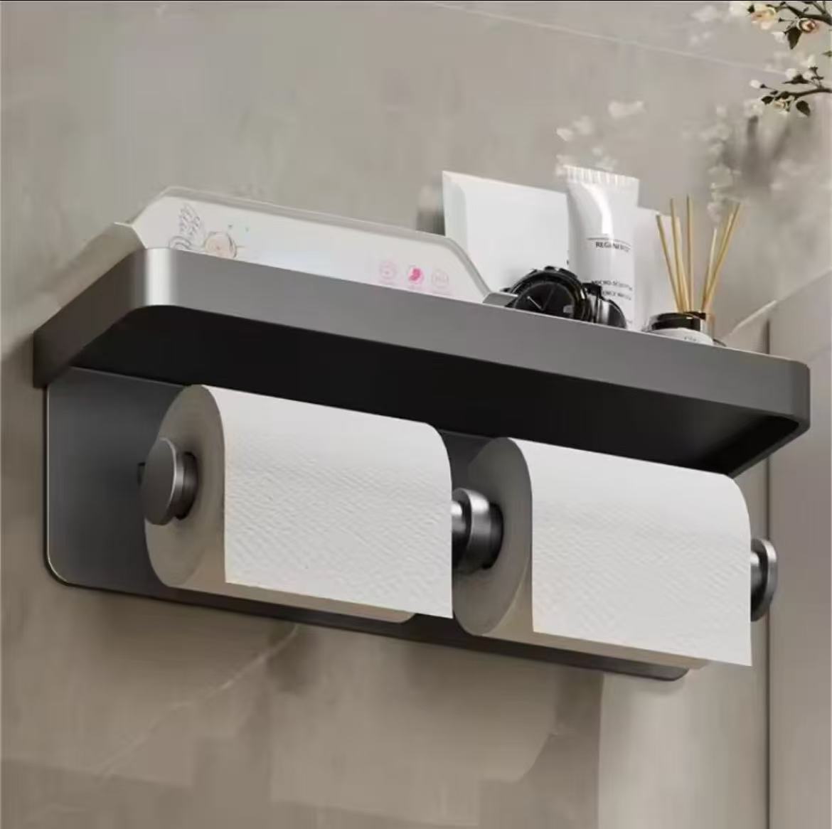 Double Roll Wall - Mounted Paper Holder | No - Drill with Shelf | - Elegant Households KE