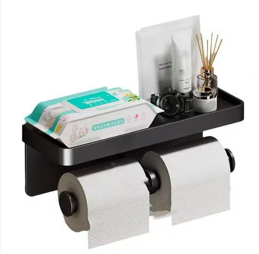 Double Roll Wall - Mounted Paper Holder | No - Drill with Shelf | - Elegant Households KE