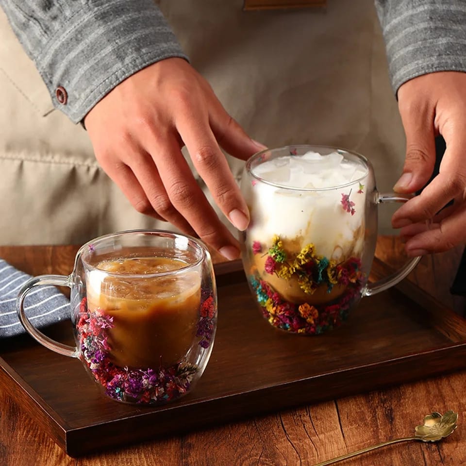 Dried flowers Insulated Double Wall Glass Cup Coffee Cup with Handle Household Hot | - Elegant Households KE