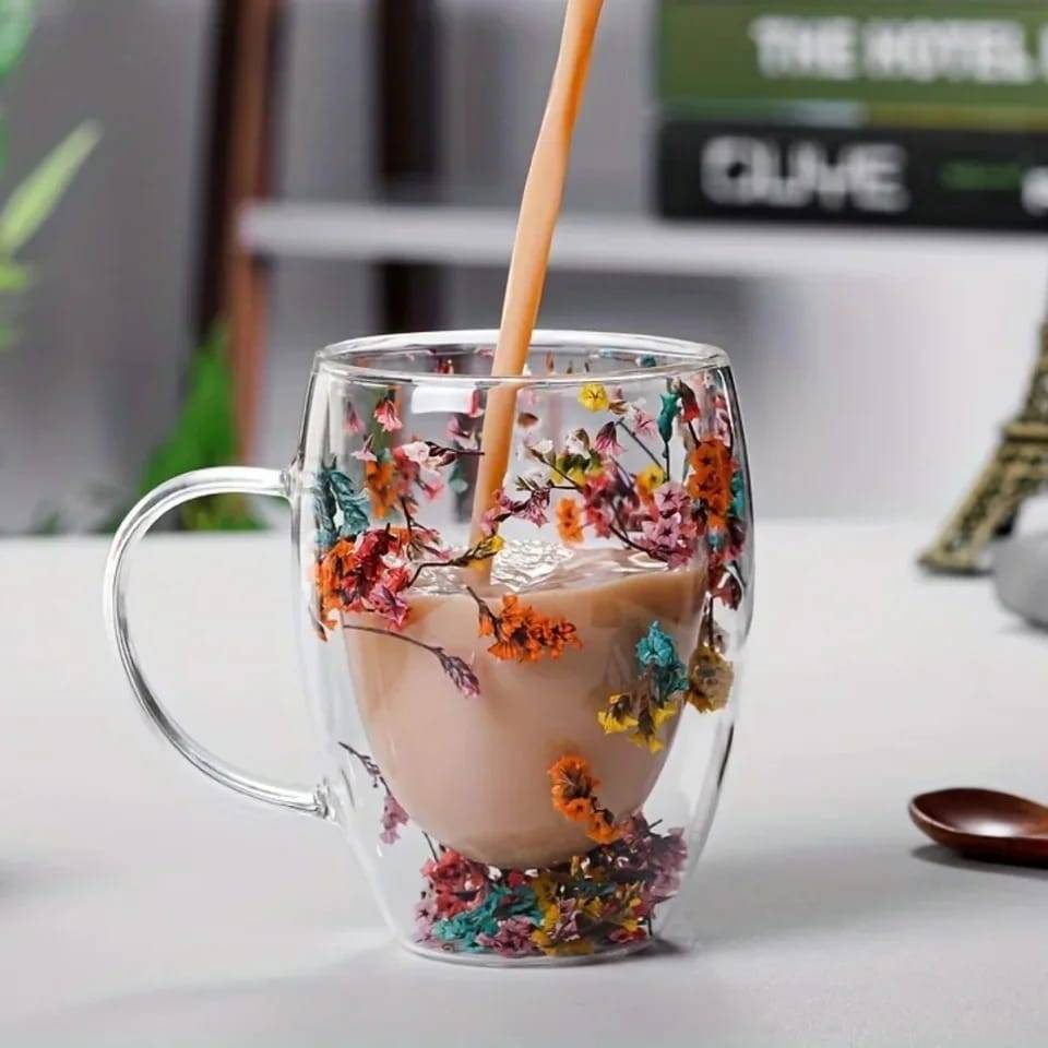 Coffee Cup Price in Kenya – Dried Flowers Double Wall Glass Insulated Coffee Mug