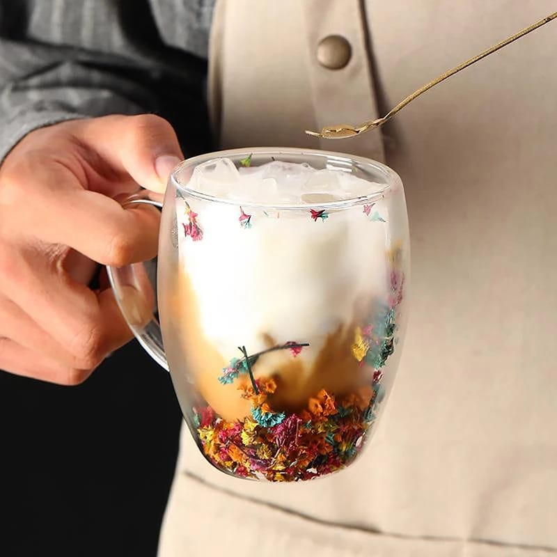 Coffee Cup Price in Kenya – Dried Flowers Double Wall Glass Insulated Coffee Mug