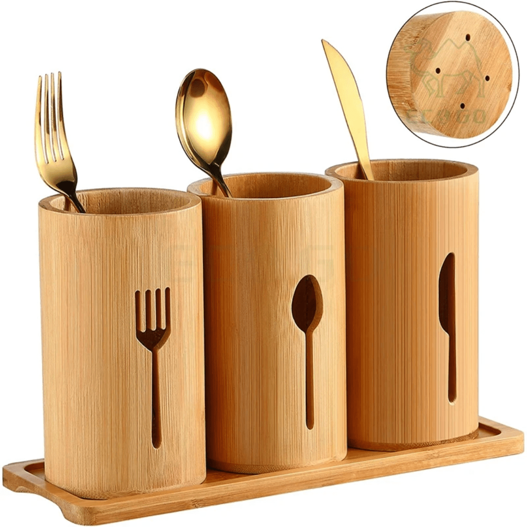 Eco - Friendly 4 - in - 1 Bamboo Cutlery Holder with Bamboo Base | - Elegant Households KE