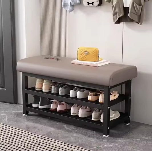 Entryway Shoe Rack Bench with Padded Seat – Metal Frame Storage Shelf | - Elegant Households KE
