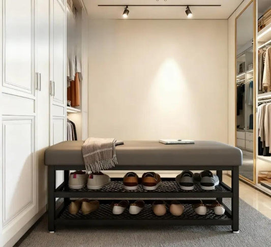 Entryway Shoe Rack with Padded Seat | 2 - Tier Metal Shoe Storage Bench 100×32×51 cm | - Elegant Households KE