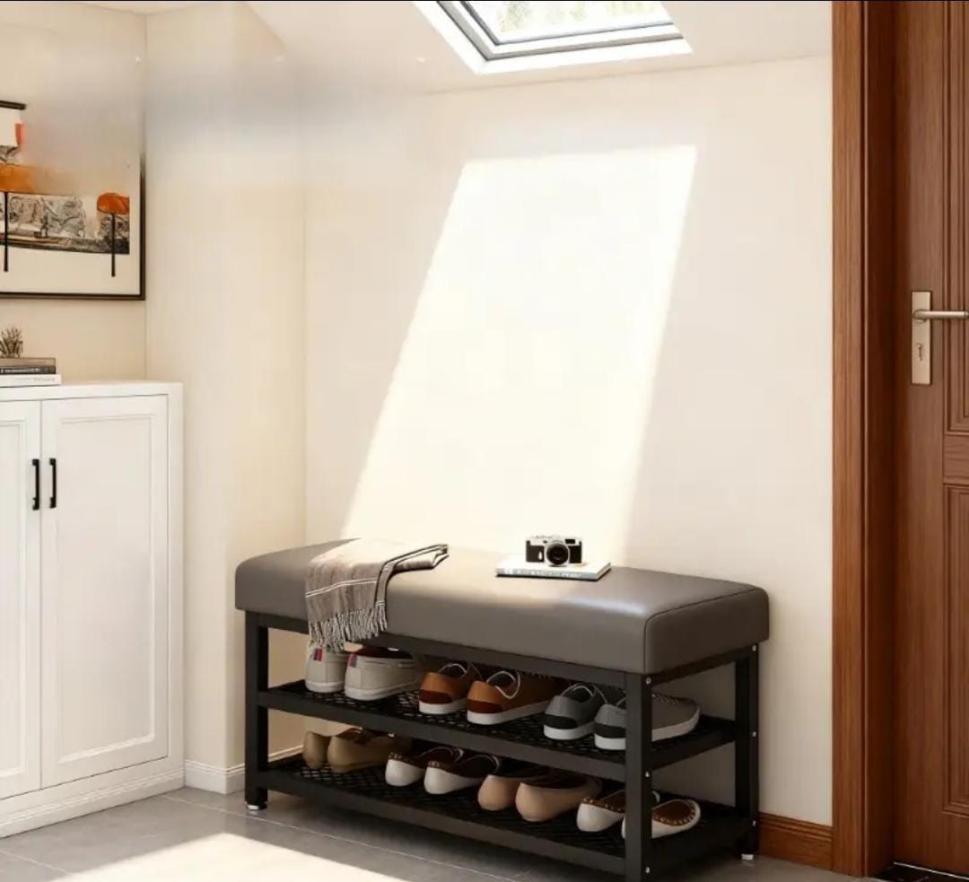 Entryway Shoe Rack with Padded Seat | 2 - Tier Metal Shoe Storage Bench 100×32×51 cm | - Elegant Households KE