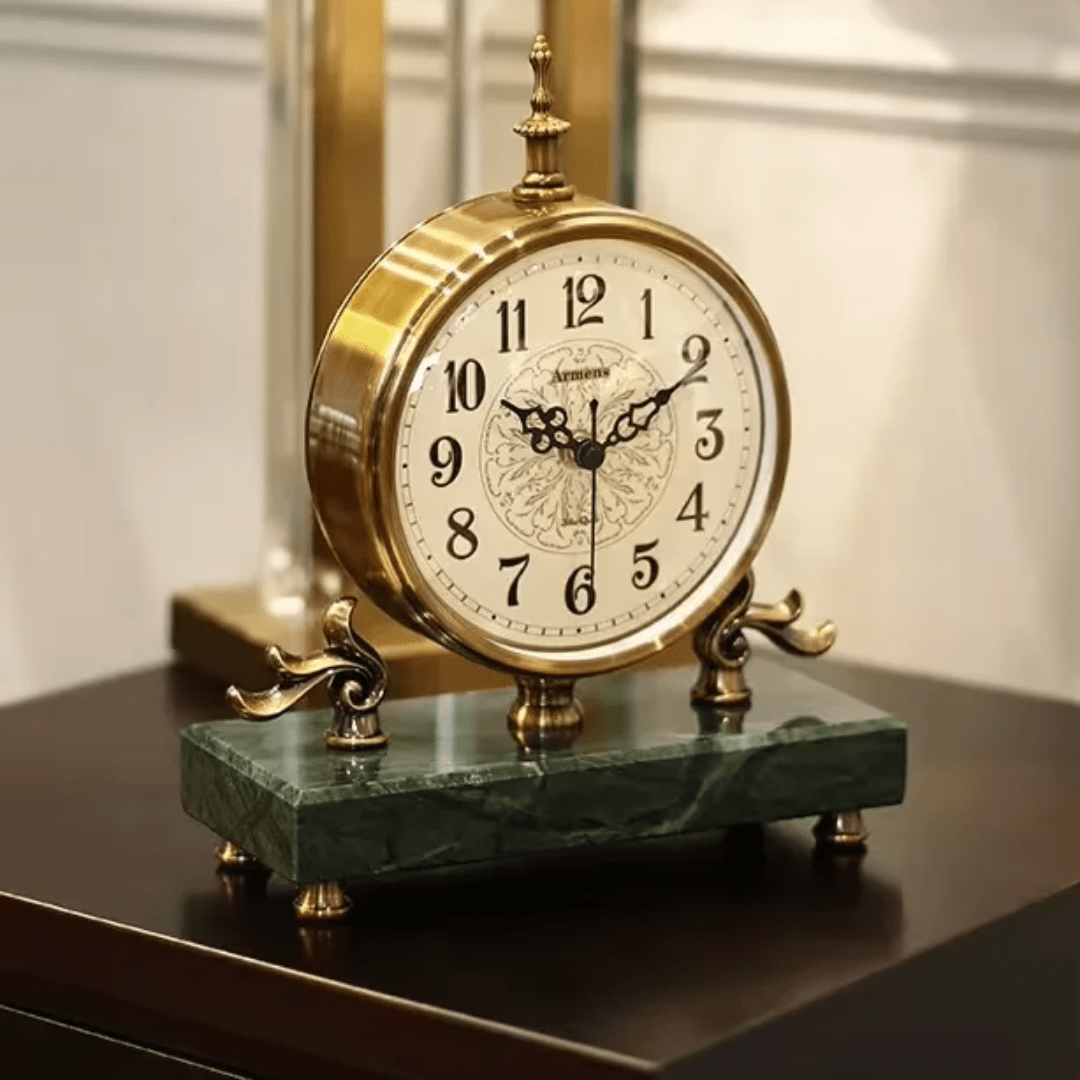 European Antique Table Clock – Armens Vintage Brass Desk Clock with Marble Base | - Elegant Households KE