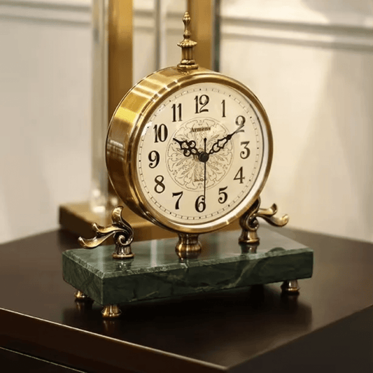 European Antique Table Clock – Armens Vintage Brass Desk Clock with Marble Base | - Elegant Households KE