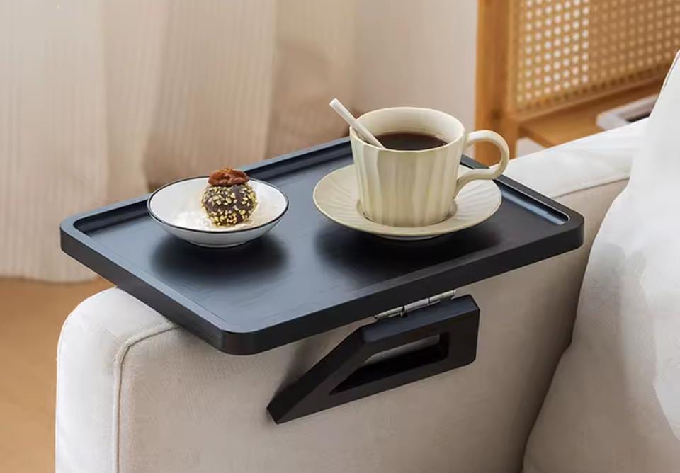 Foldable Wooden Sofa Armrest Tray – Clip - On Couch Table for Drinks, Snacks & Remotes | - Elegant Households KE