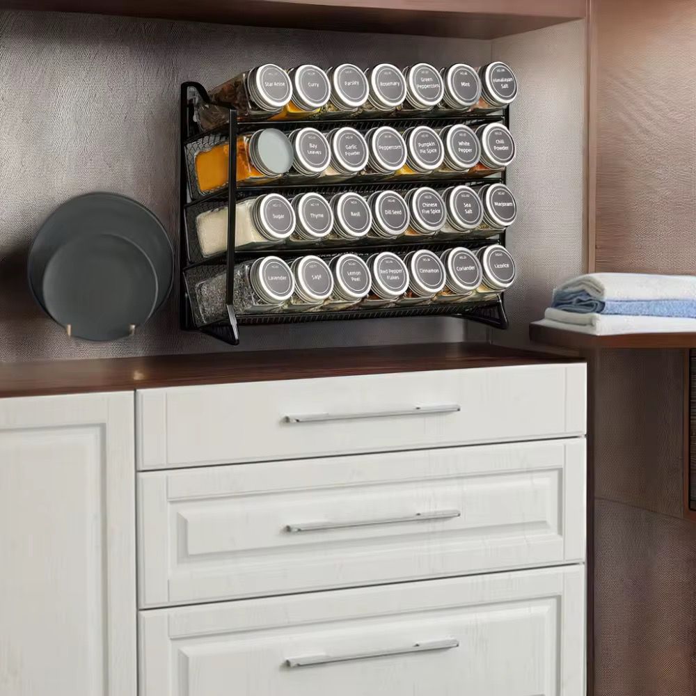 Glass Spice Jars Set Spice Jars, Funnel, Labels,Pen, Brush & Spice rack Set | - Elegant Households KE