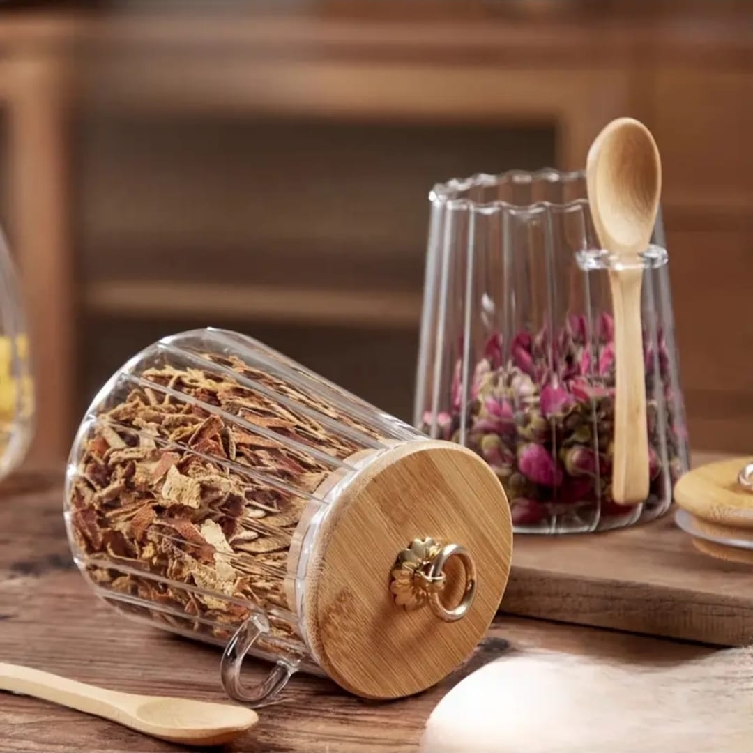 Glass Storage Jar with Bamboo Lid /spoons | - Elegant Households KE