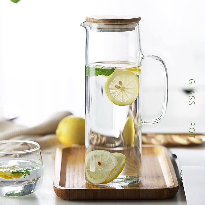 Glass Water Pitcher with handle and bamboo lid | - Elegant Households KE