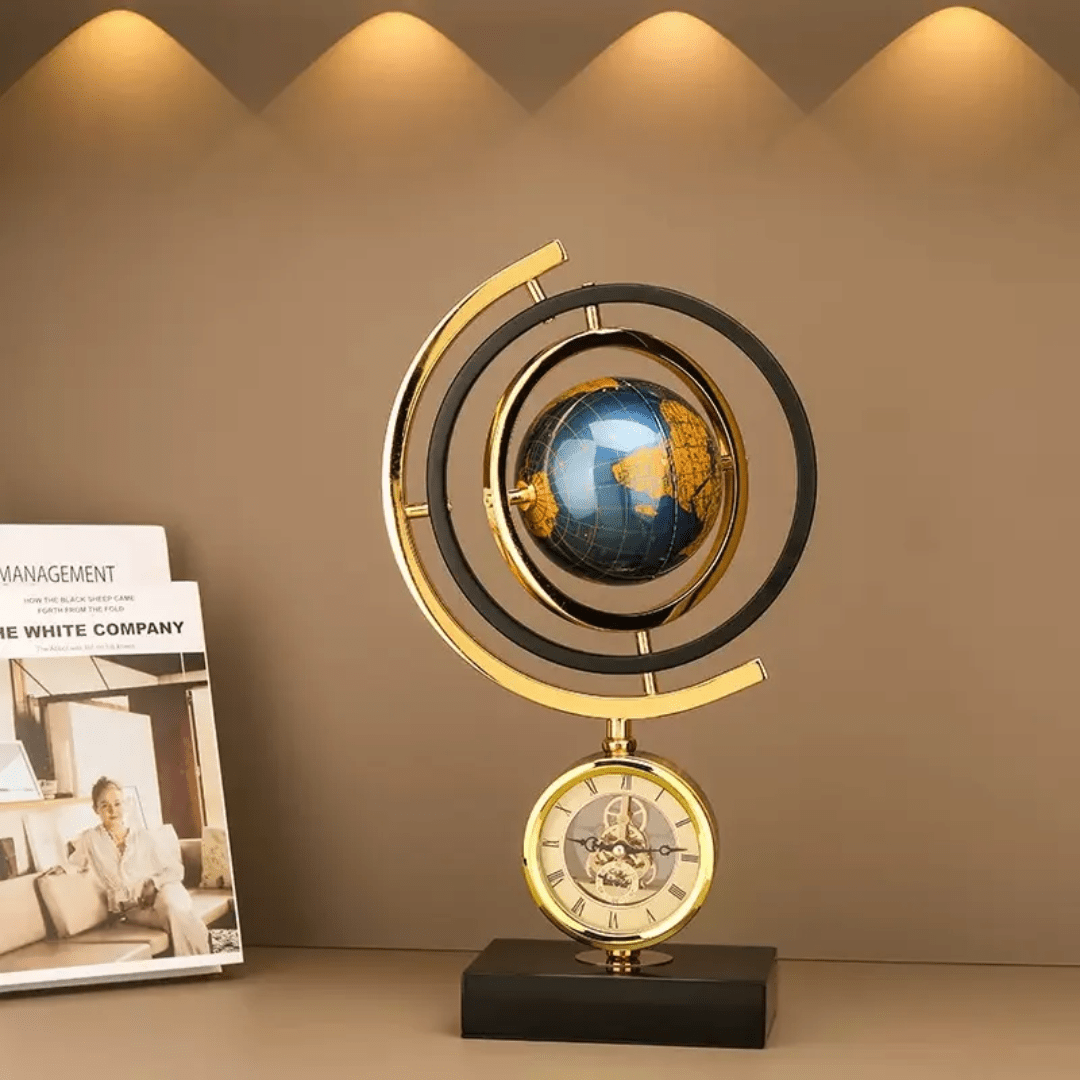 Gold Globe Clock with Marble Base – Luxury Desktop World Time Ornament | - Elegant Households KE