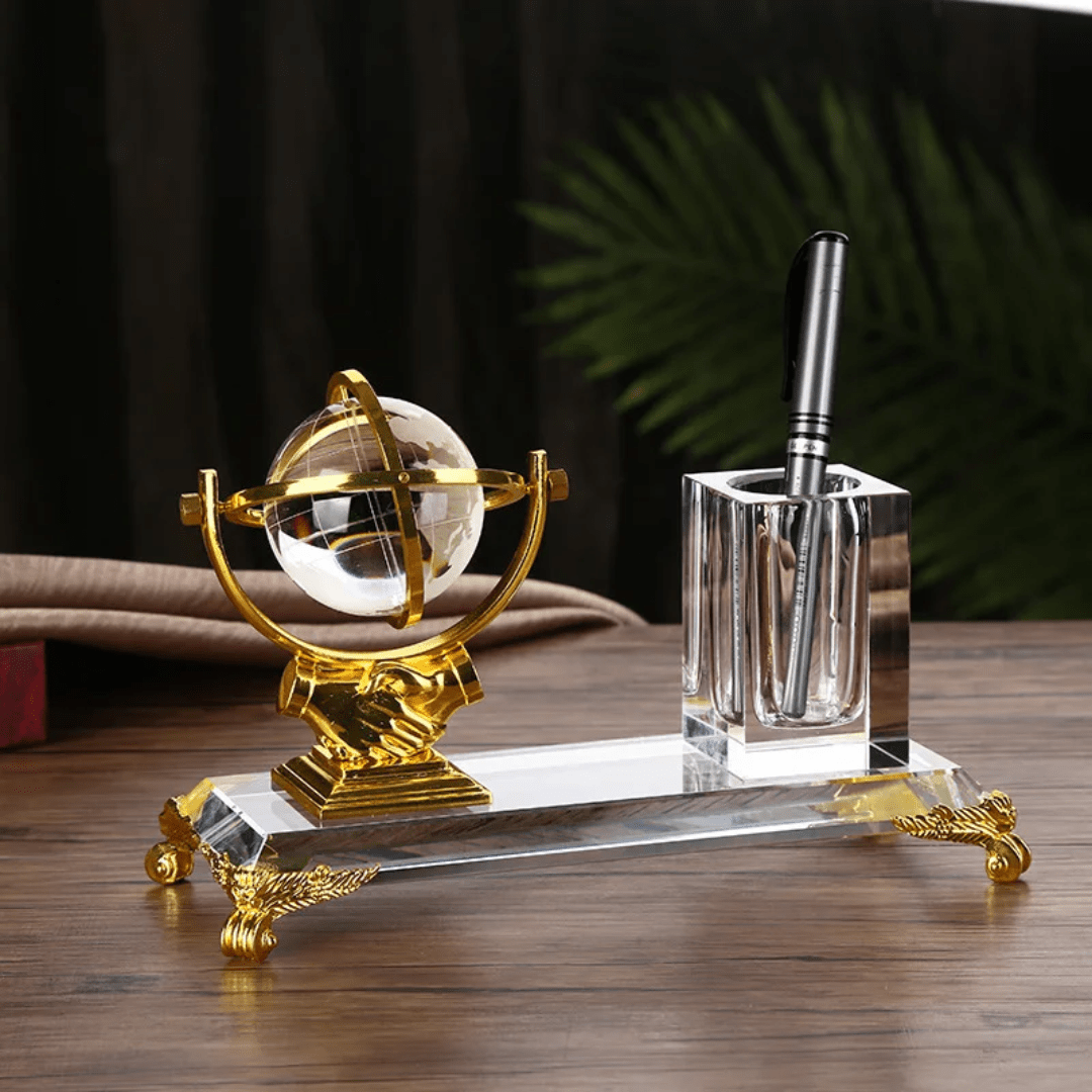 Gold Globe Desktop Gift with Crystal Pen Holder | - Elegant Households KE
