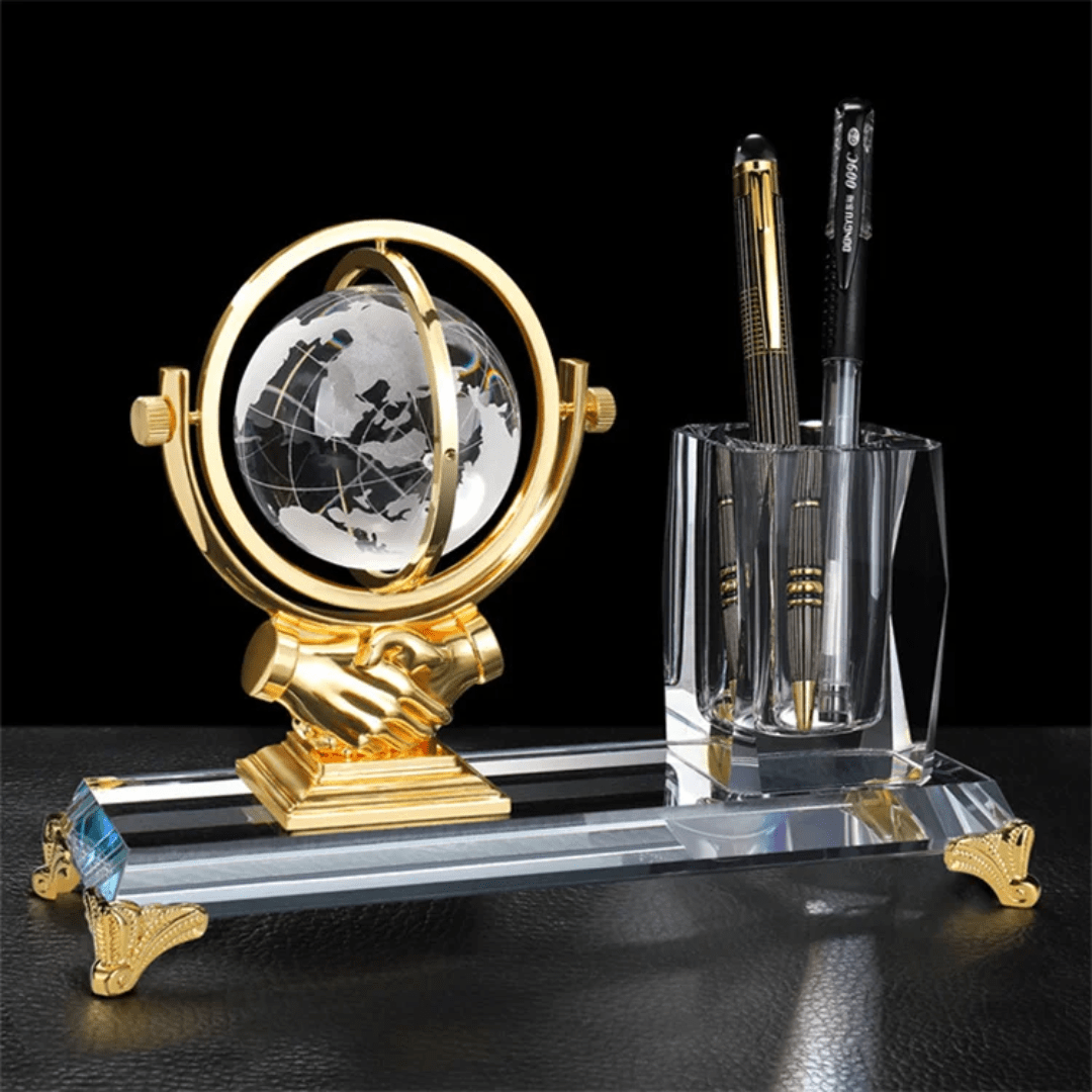 Gold Globe Desktop Gift with Crystal Pen Holder | - Elegant Households KE