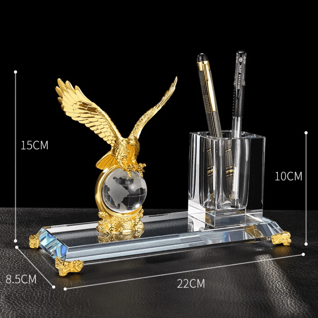 Gold Silver Bronze Metal Eagle with Globe & Crystal Pen Holder Set – Office Desk Decoration & Executive Gift | - Elegant Households KE