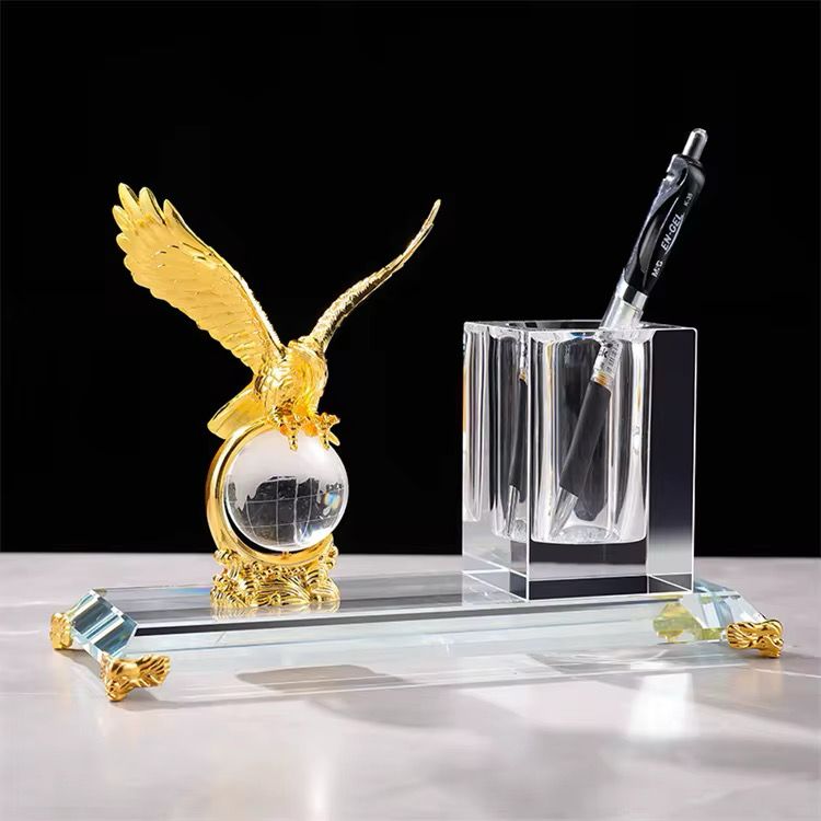 Gold Silver Bronze Metal Eagle with Globe & Crystal Pen Holder Set – Office Desk Decoration & Executive Gift | - Elegant Households KE