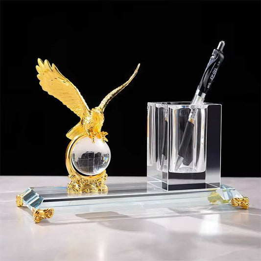 Gold Silver Bronze Metal Eagle with Globe & Crystal Pen Holder Set – Office Desk Decoration & Executive Gift | - Elegant Households KE