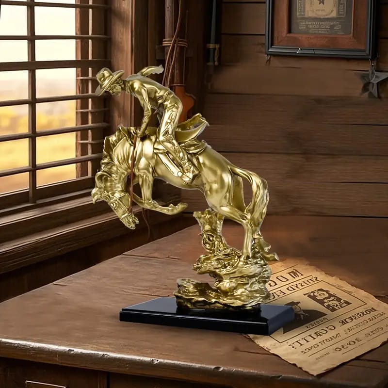 Golden Cowboy Riding Horse Statue for Home Decor | - Elegant Households KE