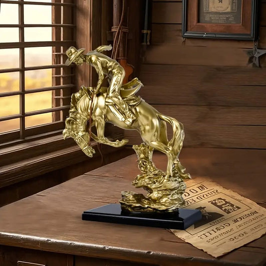 Golden Cowboy Riding Horse Statue for Home Decor | - Elegant Households KE