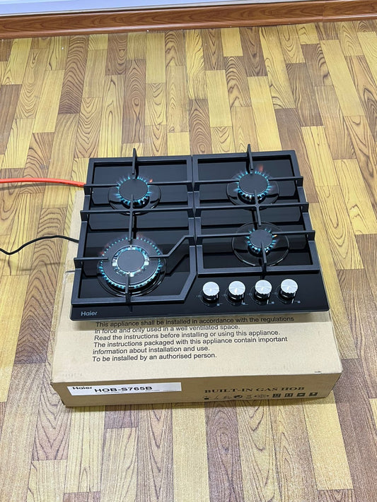 Haier 60×60cm Built - In Gas Hob | 4 Burner Black Glass | - Elegant Households KE