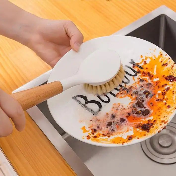 Hard bristle Pot/pan cleaning brush with wooden handle | - Elegant Households KE