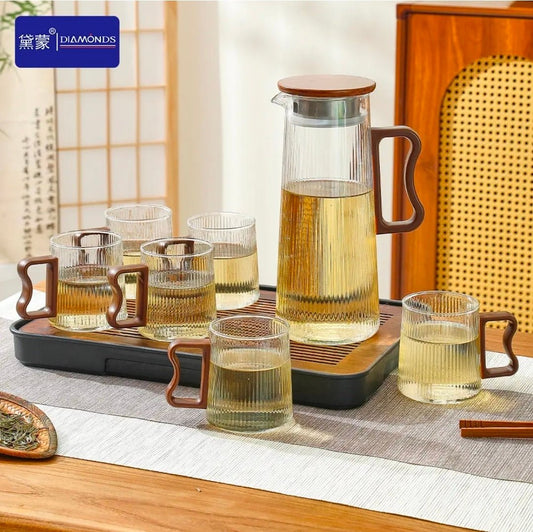 High - Quality Borosilicate Glass Jug Set – 1300ml Jug with 6 Cups (300ml Each) for Hot & Cold Beverages | - Elegant Households KE
