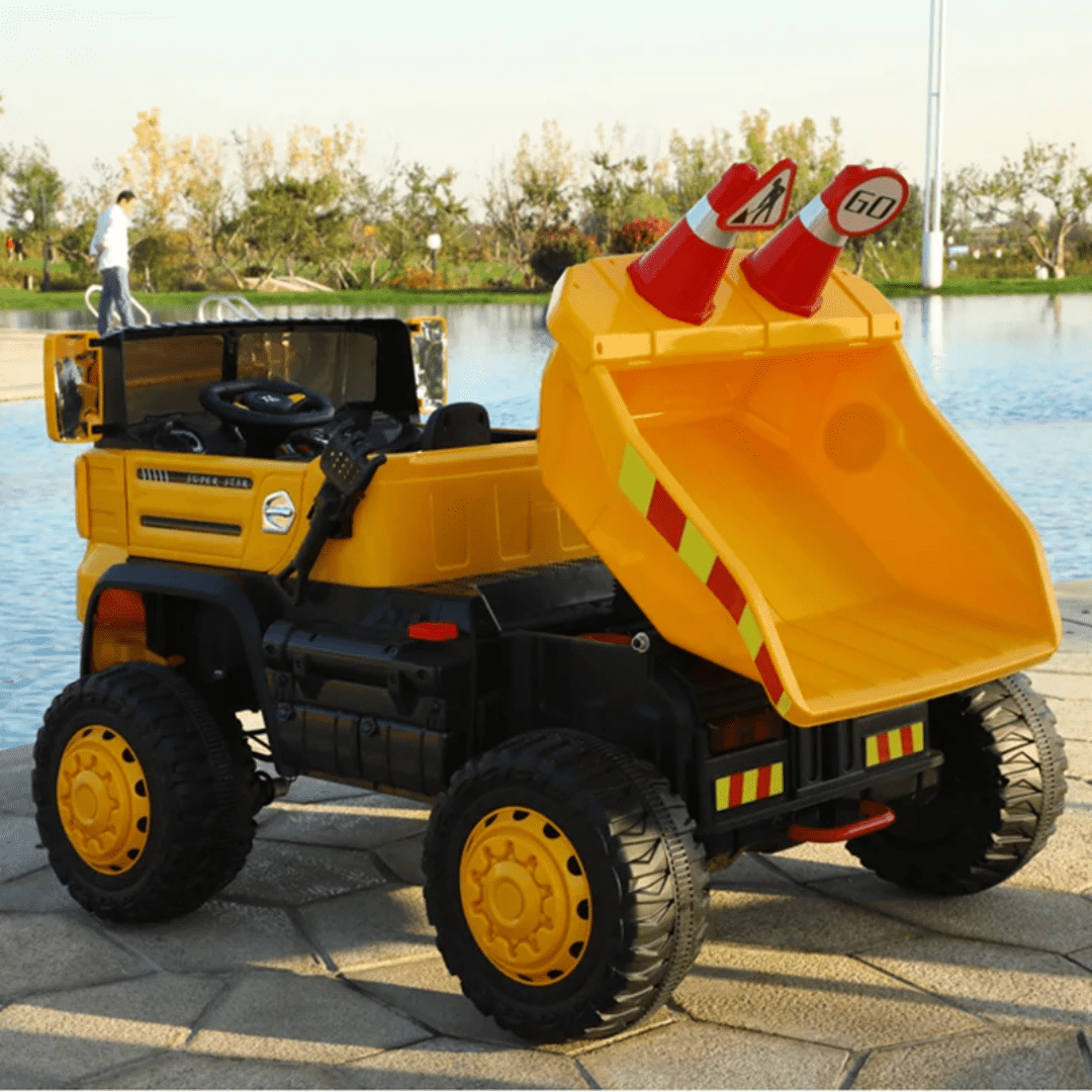 Kids Electric Ride - On Dump Truck with Lights, Sounds & Big Wheels | - Elegant Households KE