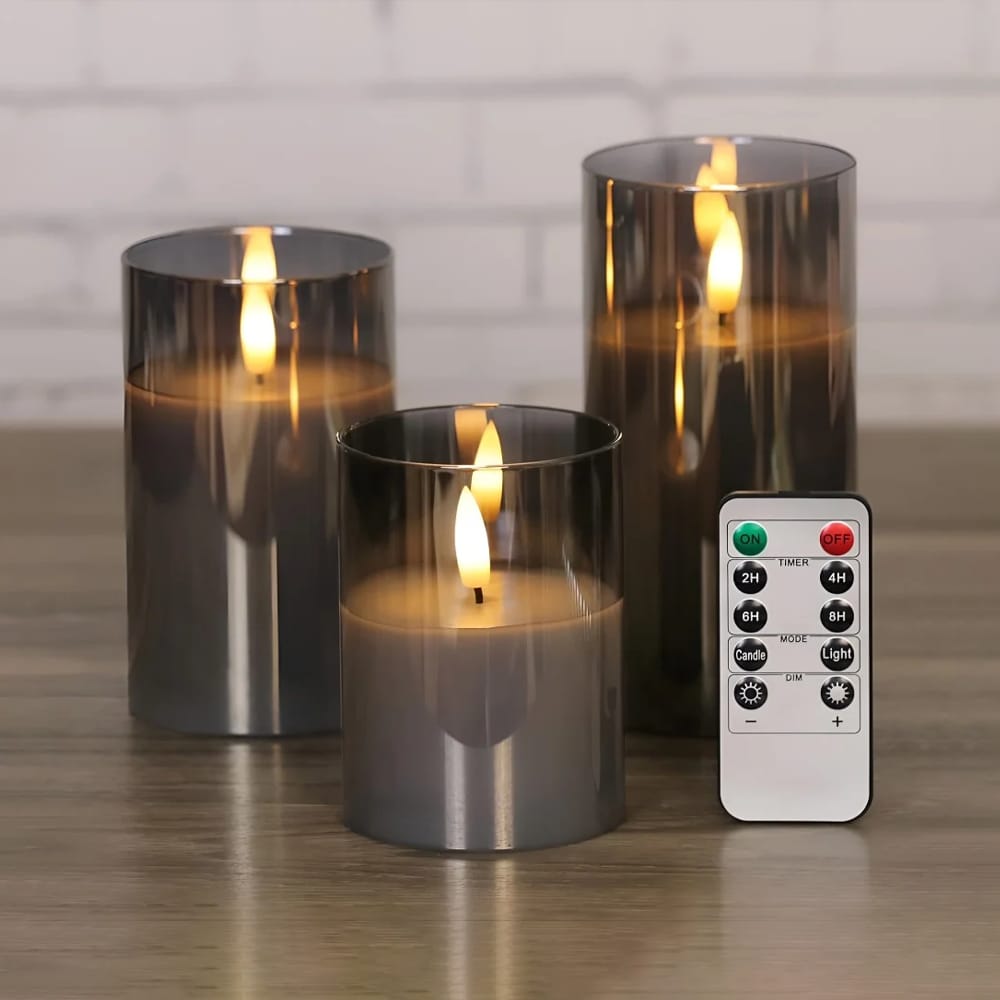 LED Flameless Candle Set with Remote – Smoky Glass Flickering Candles | - Elegant Households KE
