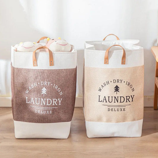 Linen Fabric Laundry Basket With Leather Handle | - Elegant Households KE