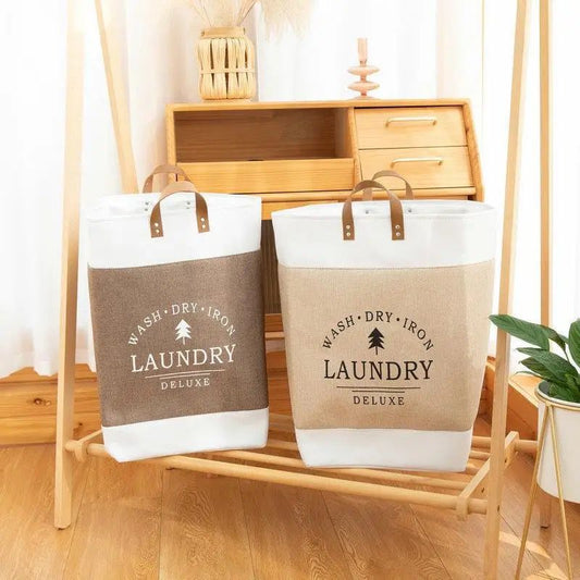 Linen Fabric Laundry Basket With Leather Handle | - Elegant Households KE