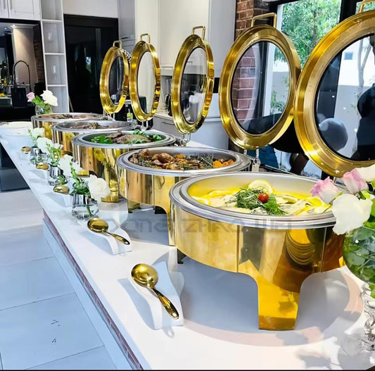 Luxurious classy round gold Chaffing dish with glass lid | - Elegant Households KE