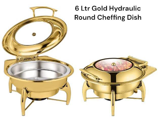 Luxurious classy round gold Chaffing dish with gold knob at the glass lid | - Elegant Households KE