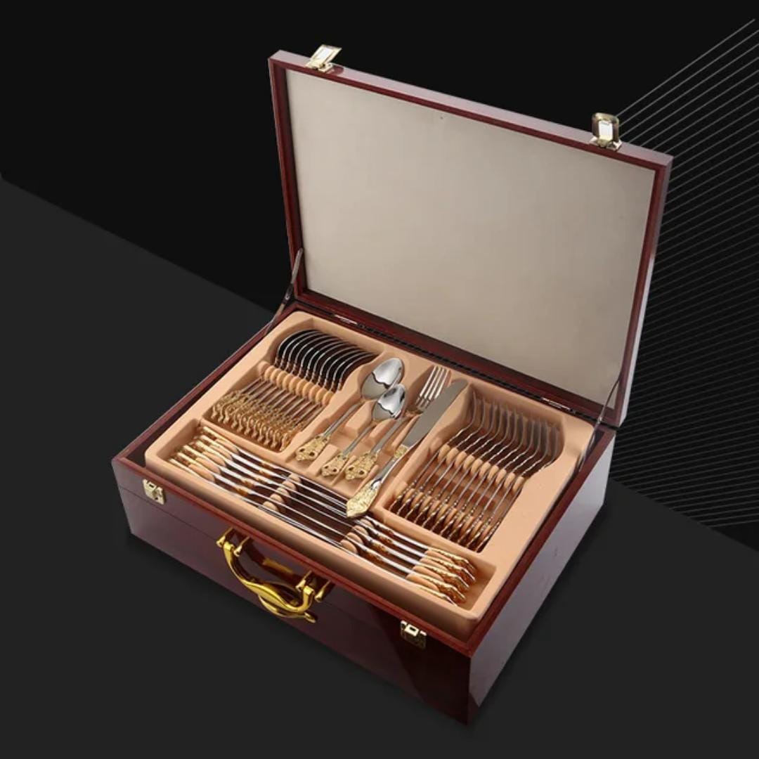 Luxury 72 - Piece Stainless Steel Cutlery Set with Gold Accents | - Elegant Households KE