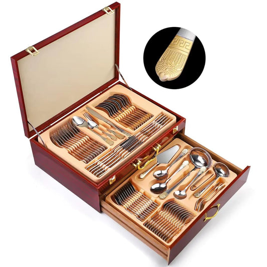 Luxury 72 - Piece Stainless Steel Cutlery Set with Gold Accents | - Elegant Households KE