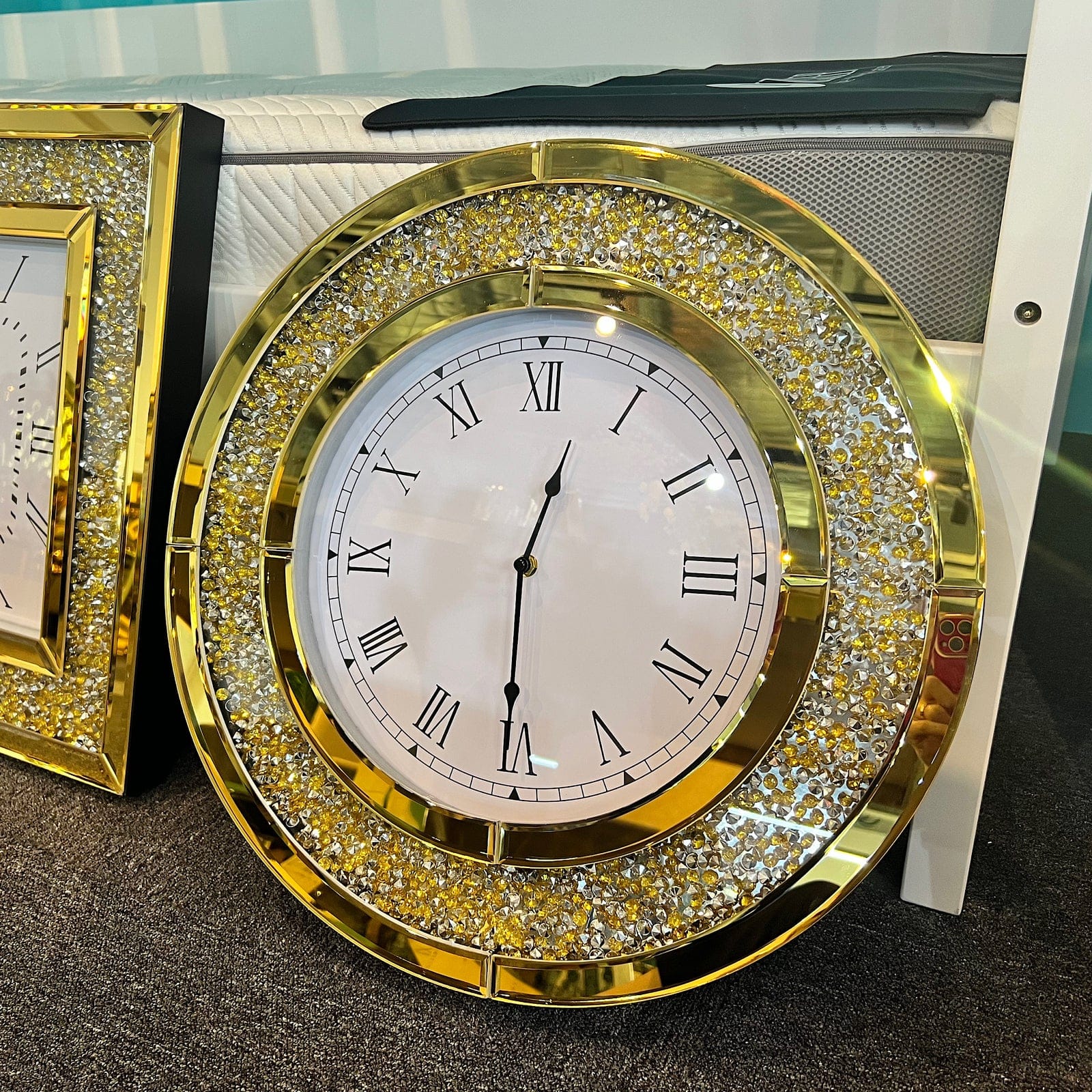 Luxury Gold Crystal Wall Clock – Round Silent Roman Numeral Clock | - Elegant Households KE