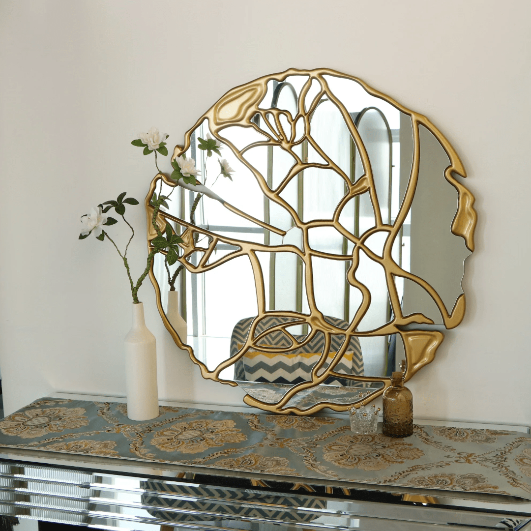 Luxury Gold Wall Mirror – Modern Abstract Frame for Living Room & Console Decoration | - Elegant Households KE