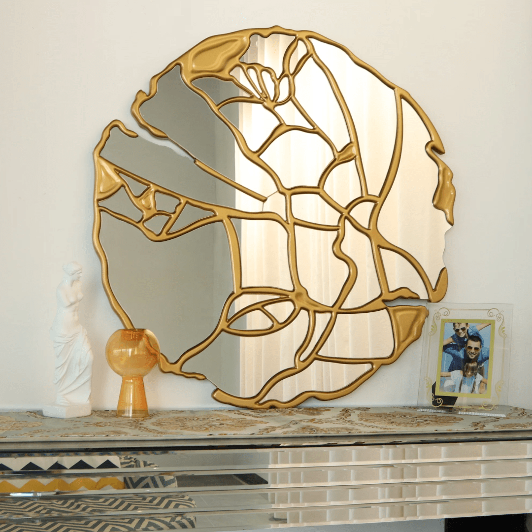 Luxury Gold Wall Mirror – Modern Abstract Frame for Living Room & Console Decoration | - Elegant Households KE