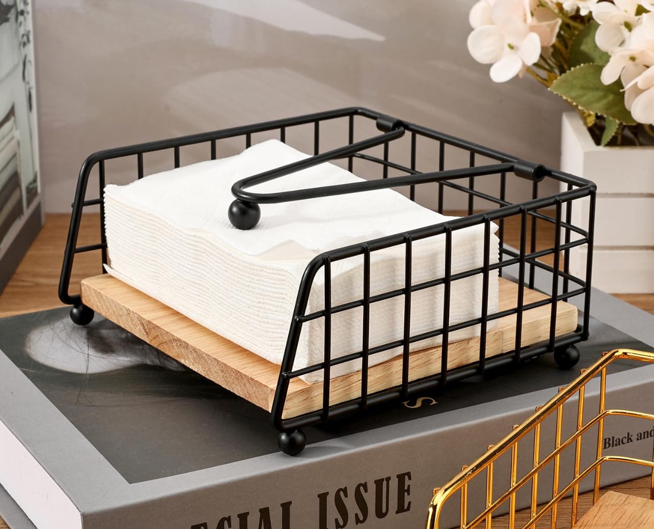 Luxury metallic serviette holder, with Bamboo place on/ napkin holder | - Elegant Households KE