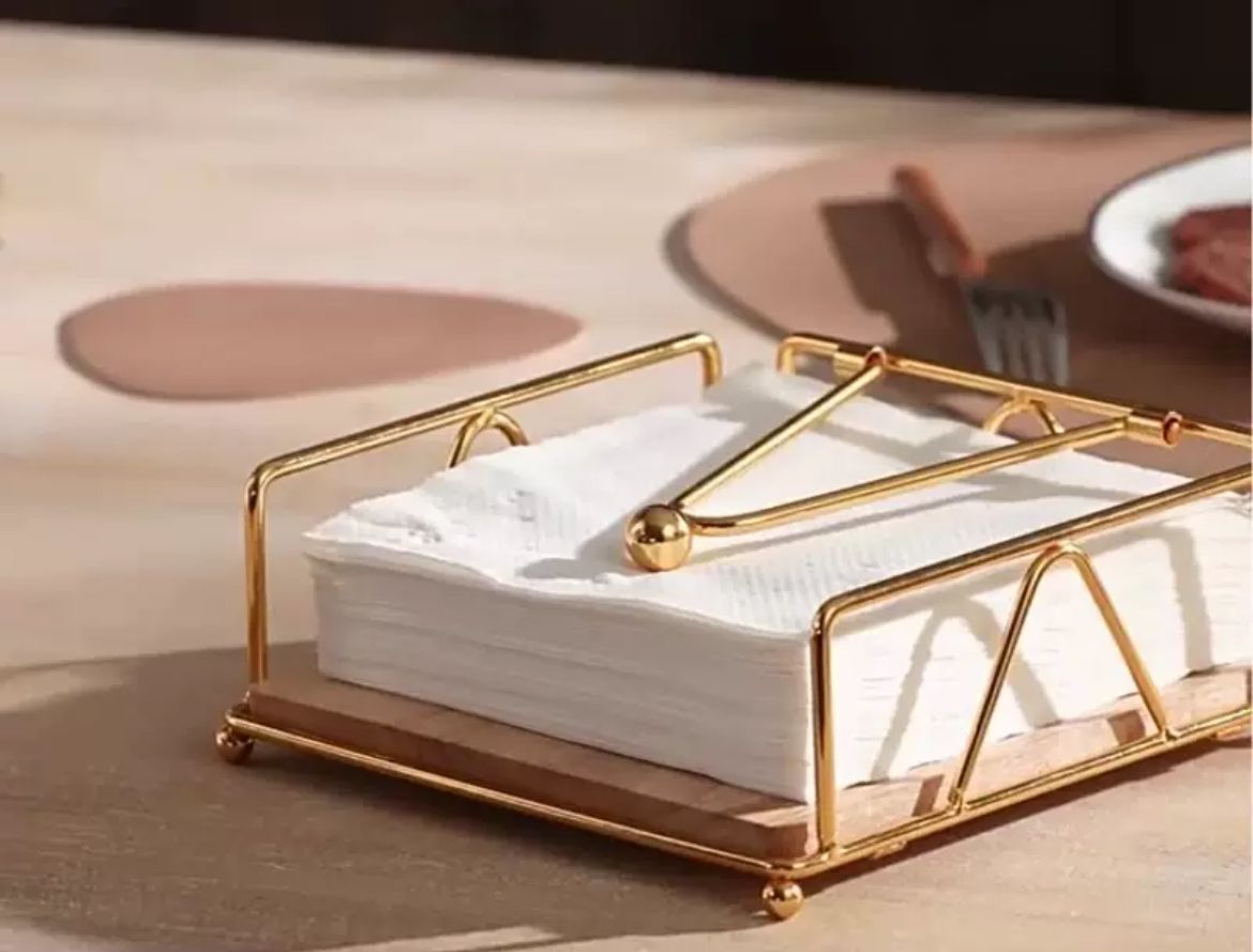 Luxury metallic serviette holder, with Bamboo place on/ napkin holder | - Elegant Households KE