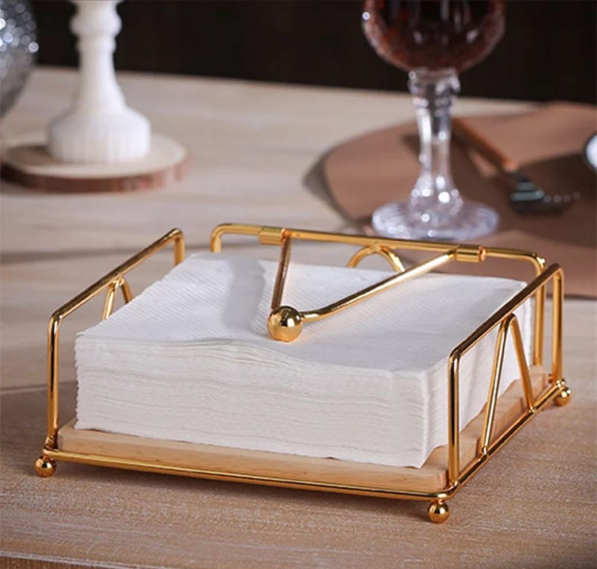 Luxury metallic serviette holder, with Bamboo place on/ napkin holder | - Elegant Households KE