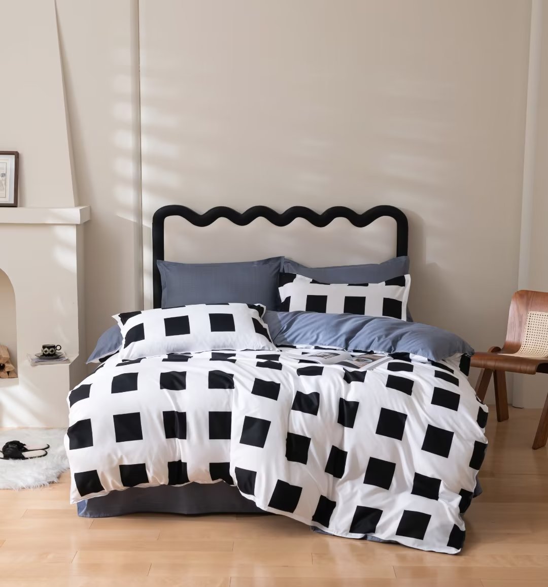 Luxury Nordic Style Duvet Cover Set – Cotton Microfiber Bedding with Bedsheet & 4 Pillowcases, Modern Black & White Striped Design (6x6 / 6x7) | - Elegant Households KE