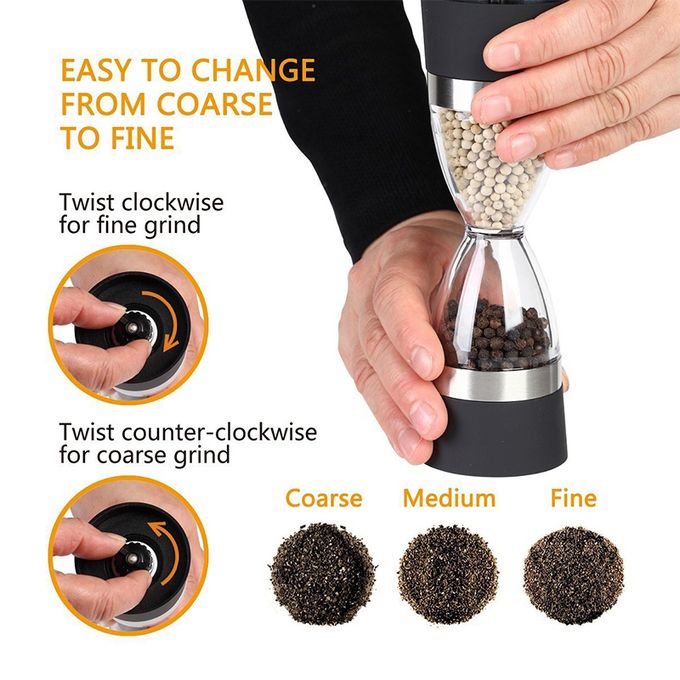 Manually adjustable thickness, hour glass 2 in 1 Dual Salt Pepper Mills,  Pepper Grinder, Sesame, Spice Grinder, Kitchen spice jar* | - Elegant Households KE