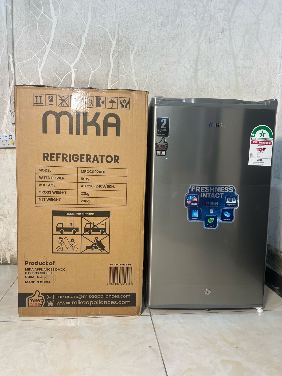 MIKA* Fridge, *92L*, Single Door, Defrost (Direct Cool), Inox Line Brush | - Elegant Households KE